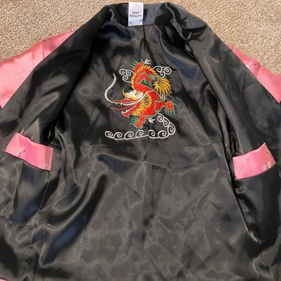 Kids Satin Kimono Robe Asian Embroidered Dragon Pink Size SS - Picture 3 of 10
